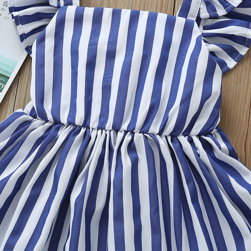 Girls Short-sleeved Blue Striped Dress