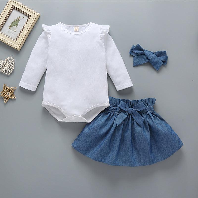 Baby Girls' Long-Sleeved Romper and Bow Shorts Cute Headband Three-Piece Suit - Twinklee