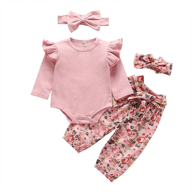 Pink Long-Sleeved Onesie with Printed Trousers and Headband - Twinklee