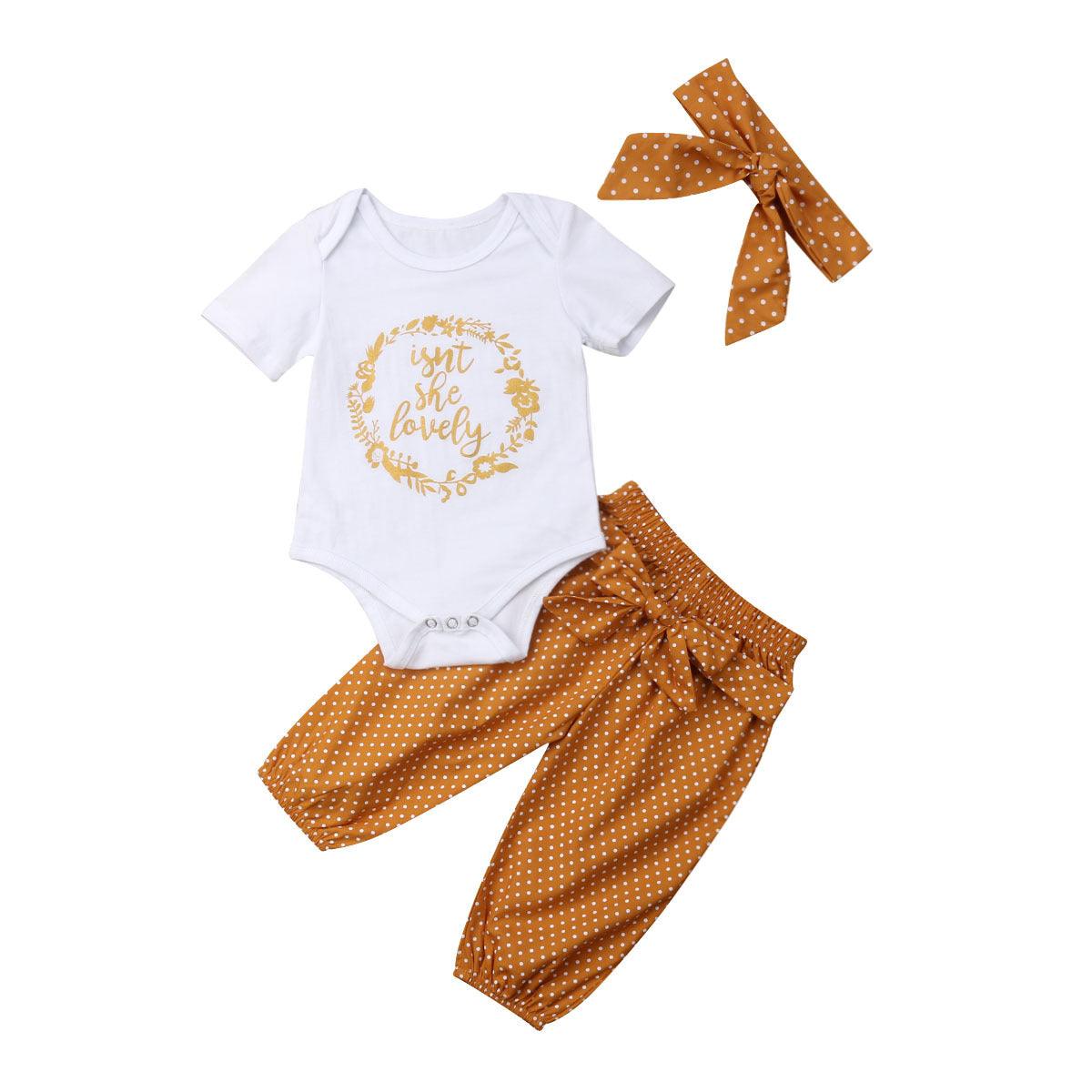 Summer Short-sleeved Romper with Dot trousers Headband 3-piece Set - Twinklee