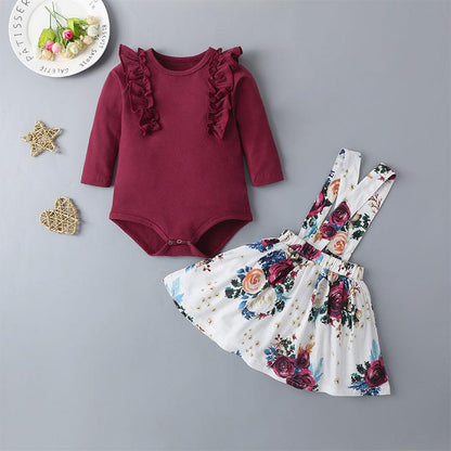 Baby Girls' Clothing Suit / Long-Sleeved Romper and Flower Print Skirt / Two-Piece Set - Twinklee