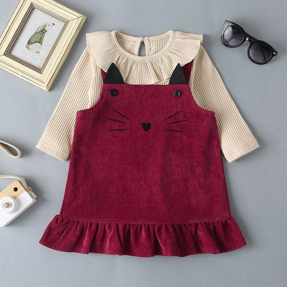 Baby clothing / Girls' Lace Pit Romper / Cat Print Corduroy Skirt Suit - Twinklee