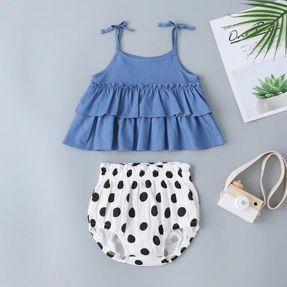 Baby Girls Clothing / Blue Suspender Top / Casual Black Polka Dot Shorts Suit - Twinklee