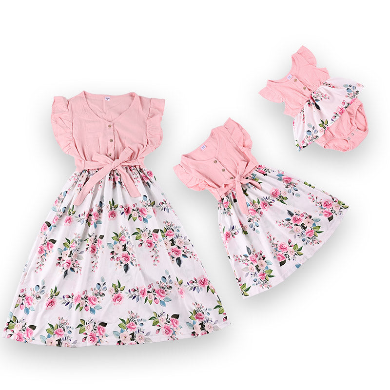 Splicing Floral Print Dresses for Mom and Daughter