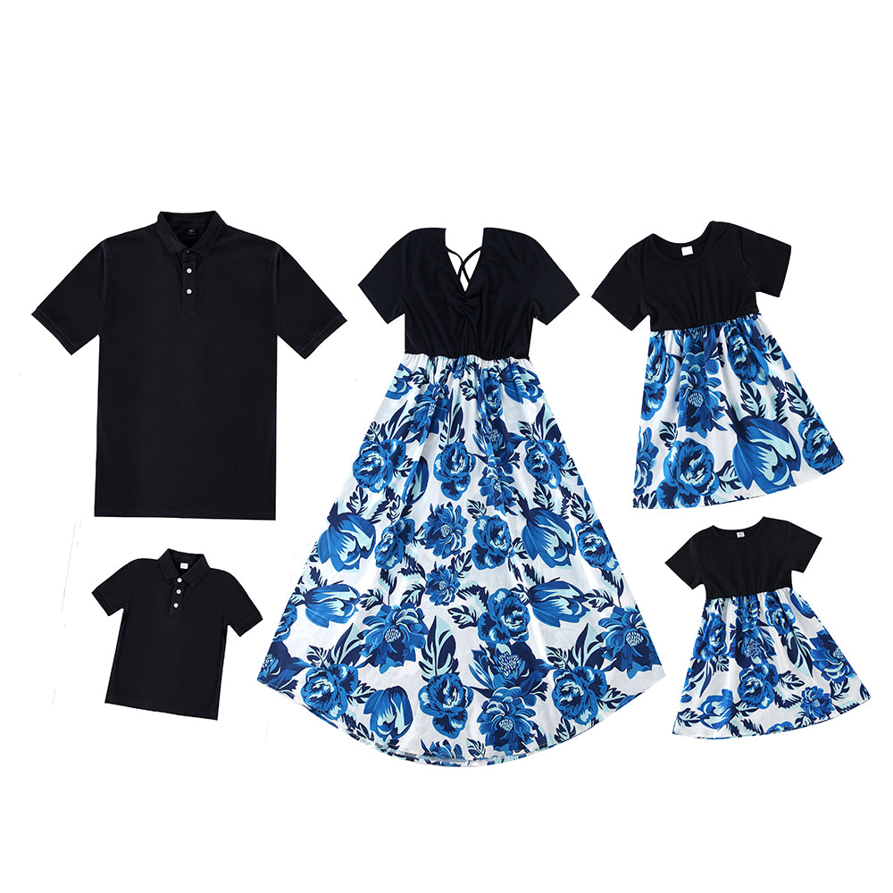 Floral Print Splicing Dress and Polo Family Matching Outfit