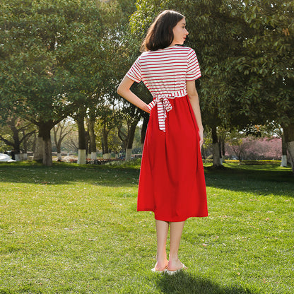 Striped Splicing Dress and T-shirits Family Matching Outfit