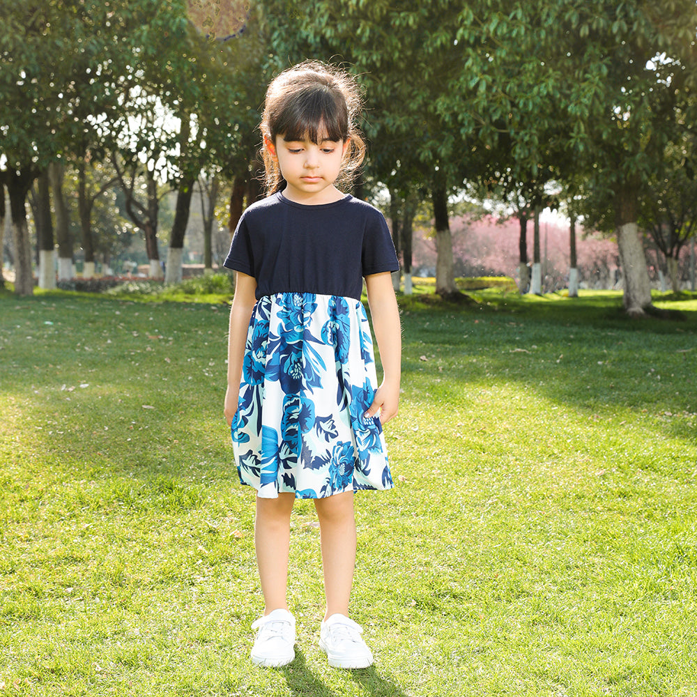 Floral Print Splicing Dress and Polo Family Matching Outfit