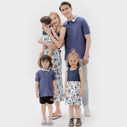 Denim Polo and Floral Print Splicing Dresses Family Matching Outfit