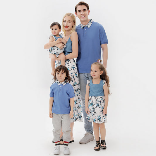 Light Blue Floral Print Splicing Dress and Polo Family Matching Outfit