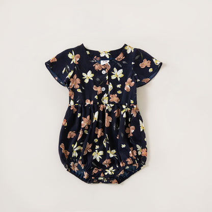 Dark Blue Floral Print Dresses and T-shirts Family Matching Outfits