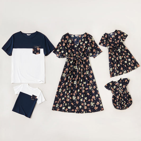 Dark Blue Floral Print Dresses and T-shirts Family Matching Outfits