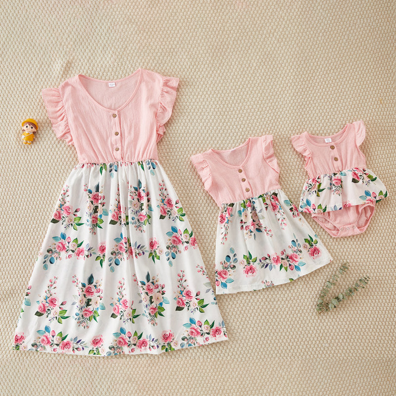 Splicing Floral Print Dresses for Mom and Daughter