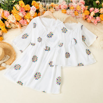 Summer Embroidered Chiffon Dress for Mom and Daughter