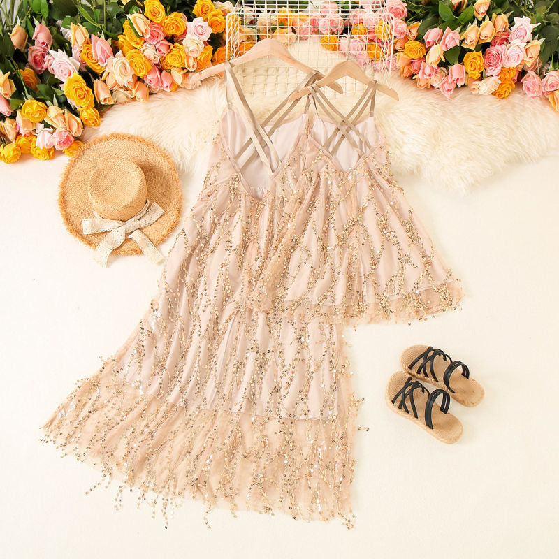 Sequins Suspender Halter Dress for Mom and Daughter