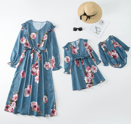 Blue Floral Print Dress for Mom and Daughter