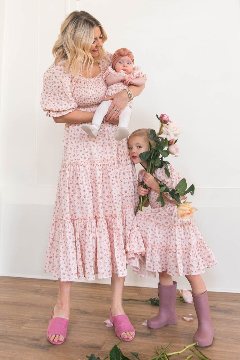 Pink Floral Print Lantern Sleeve Mom-Daughter Matching Princess Dresses