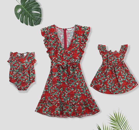 Floral Print V-neck Dress for Mom and Daughter