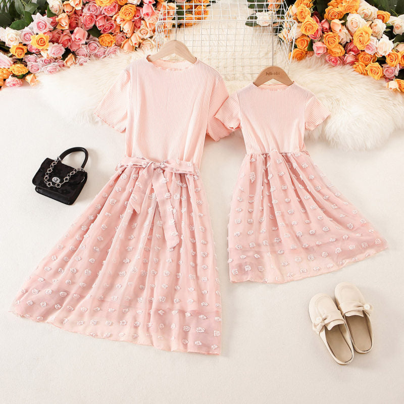 Pink Splicing Mesh Dresses for Mom and Daughter