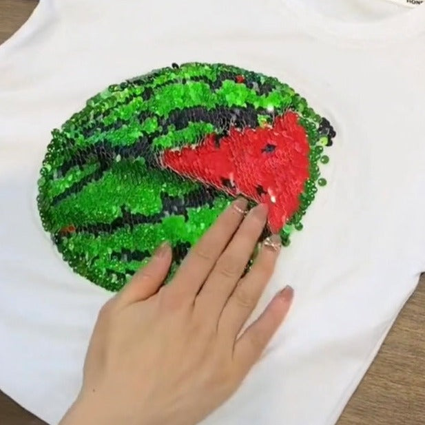 Summer Watermelon/ Strawberry Sequins Discoloration T-shirt