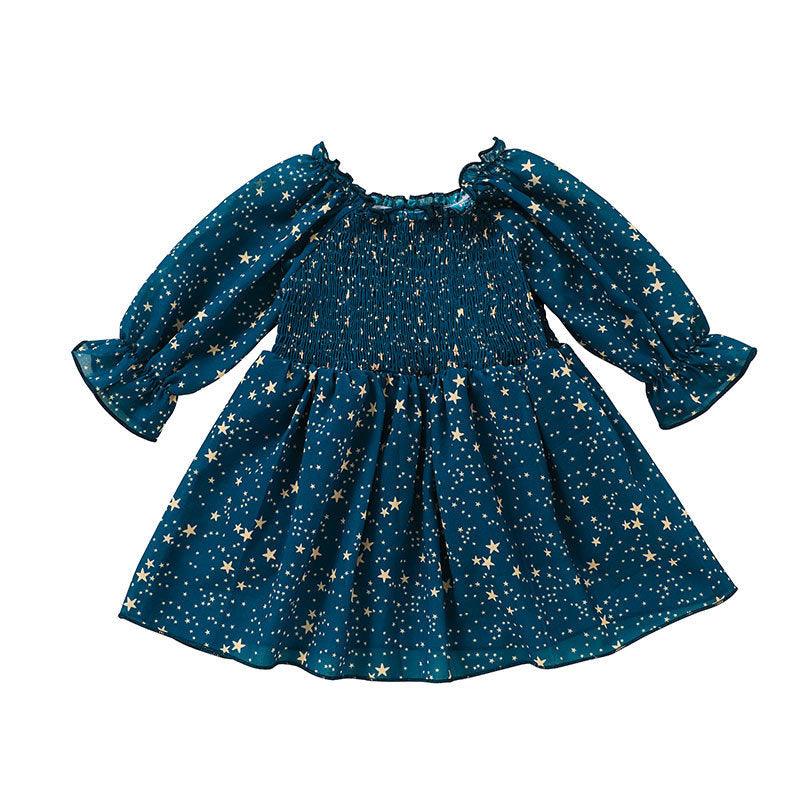 Baby Girl Star Print Long-Sleeved Blue Dress - Twinklee