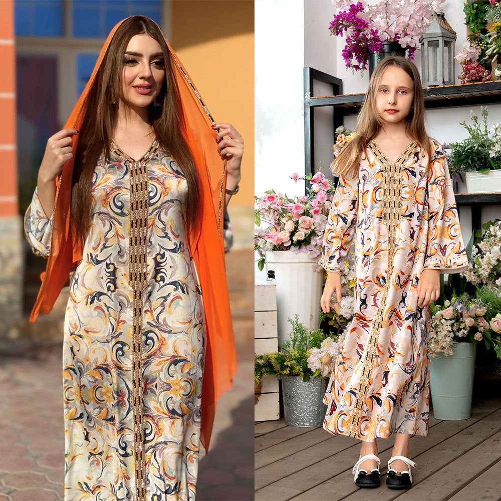 Long Sleeve Floral Print Matching Dress for Mom and Daughter