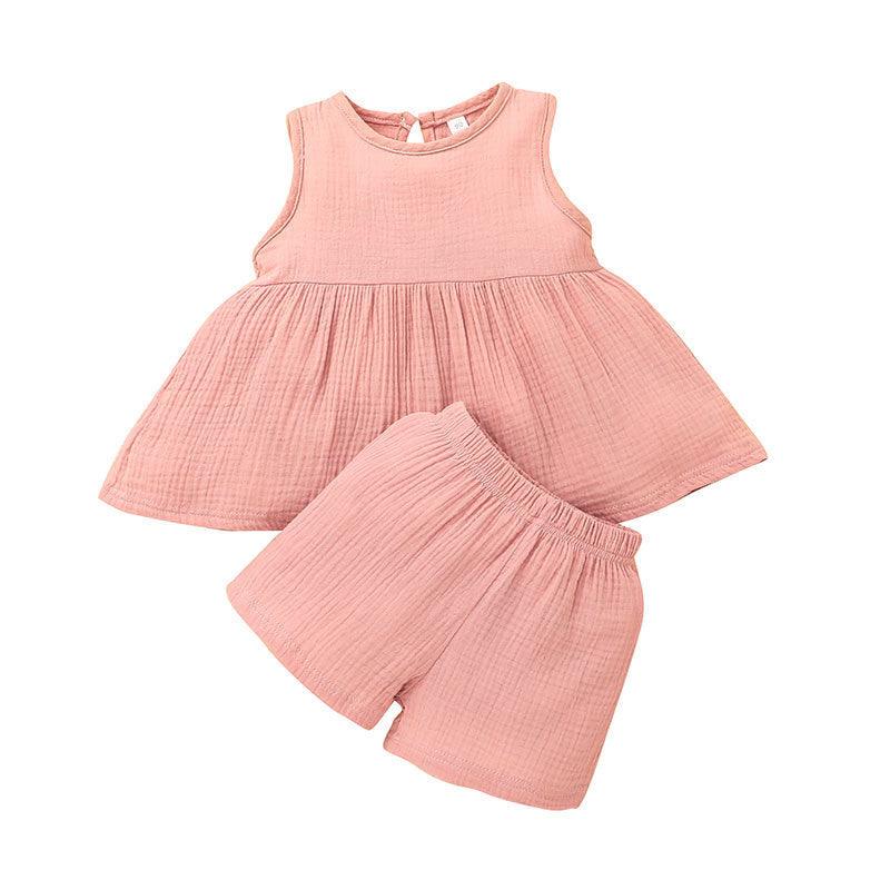 Girls Pure Color Pink Princess  Sleeves Dress with Shorts - Twinklee