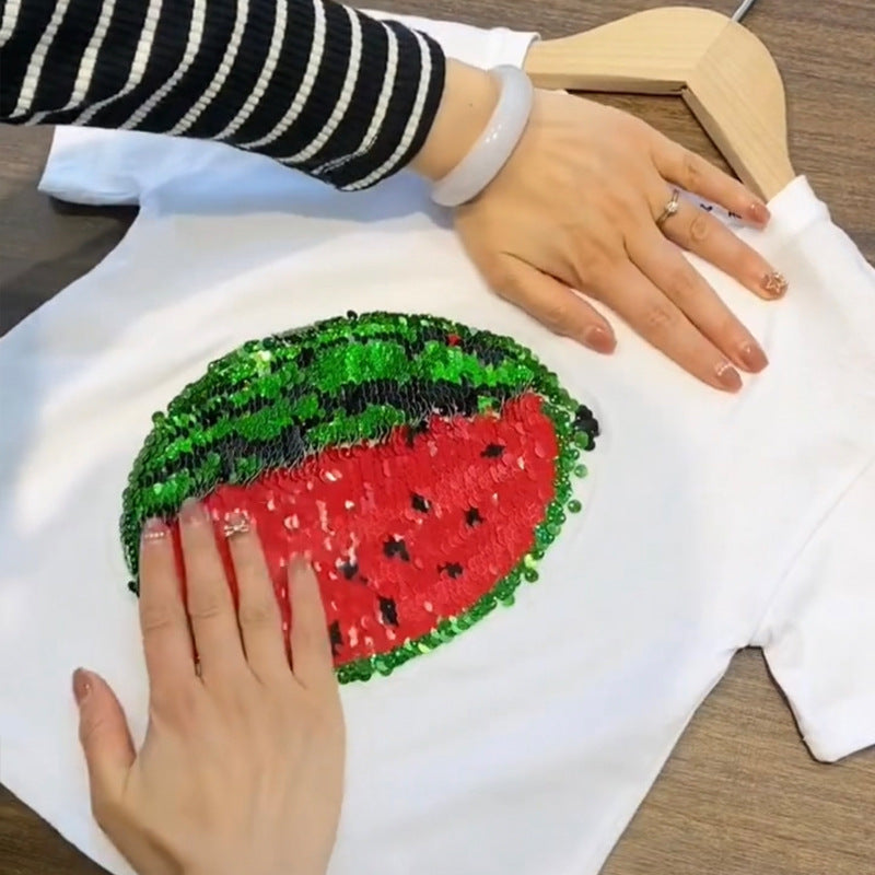 Summer Watermelon/ Strawberry Sequins Discoloration T-shirt