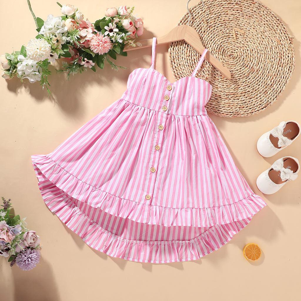 Girls Pink Striped Suspenders Summer Dress - Twinklee