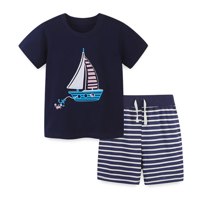 Summer Cartoon Cotton Knitted T-shirt and Shorts Two Pieces Set