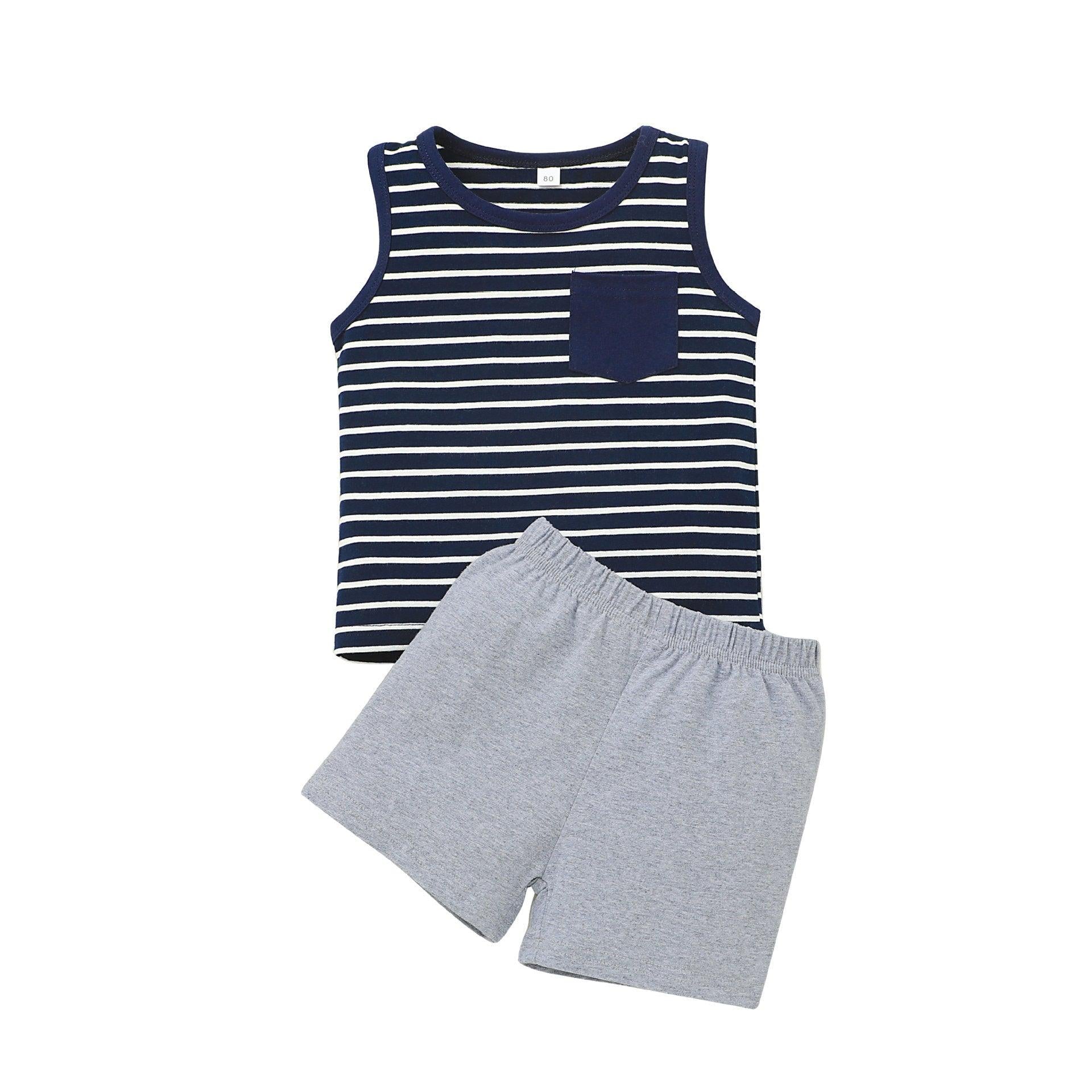 Boys Striped Sleeveless T-Shirt Vest Shorts Suit Two-Piece - Twinklee