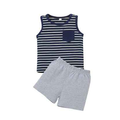 Boys Striped Sleeveless T-Shirt Vest Shorts Suit Two-Piece - Twinklee