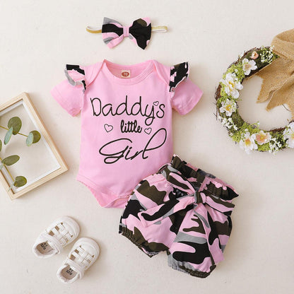 3-piece Letter and Camouflage Print Romper and Bow Shorts Set - Twinklee