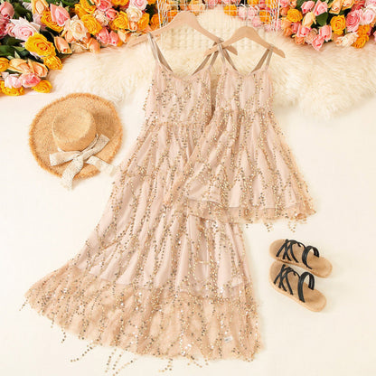 Sequins Suspender Halter Dress for Mom and Daughter