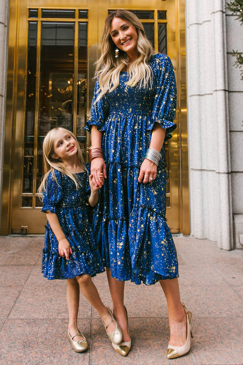 Blue Star Print Lantern Sleeve Mom-Daughter Matching Princess Dresses