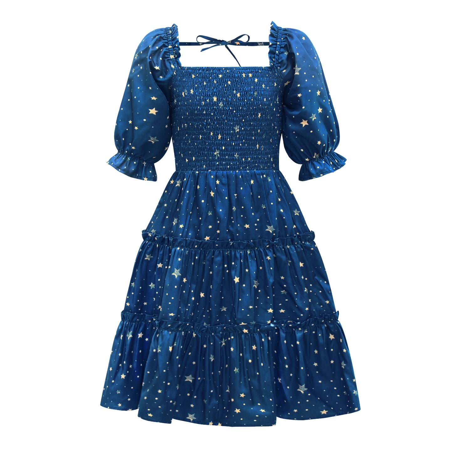 Blue Star Print Lantern Sleeve Mom-Daughter Matching Princess Dresses