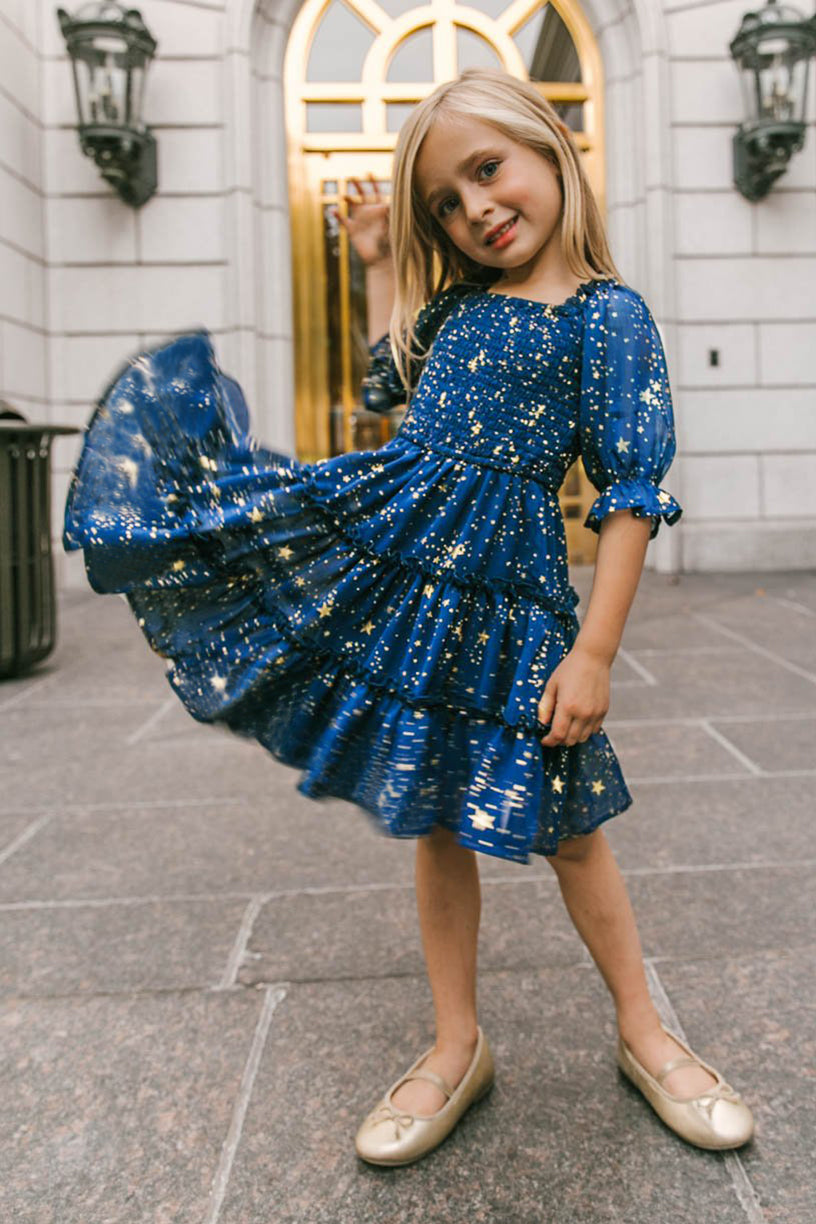 Blue Star Print Lantern Sleeve Mom-Daughter Matching Princess Dresses