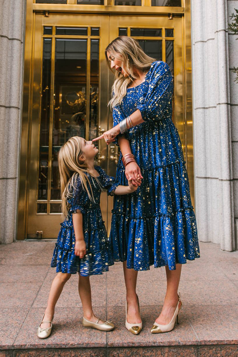 Blue Star Print Lantern Sleeve Mom-Daughter Matching Princess Dresses