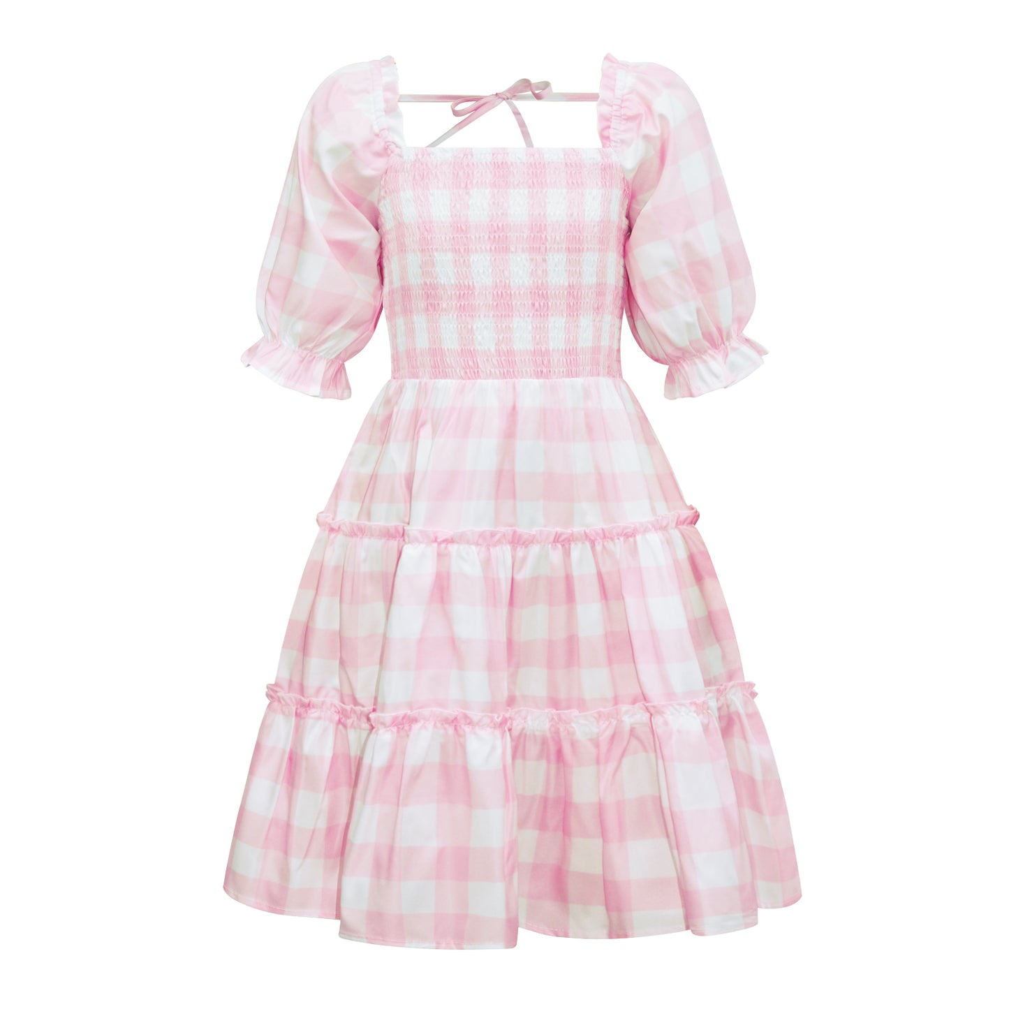 Pink Plaid Print Lantern Sleeve Mom-Daughter Matching Princess Dresses