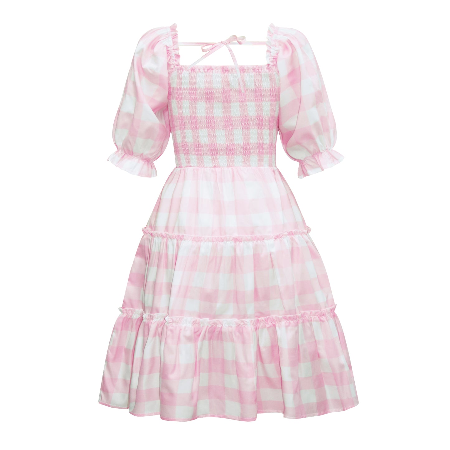 Pink Plaid Print Lantern Sleeve Mom-Daughter Matching Princess Dresses