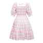 Pink Plaid Print Lantern Sleeve Mom-Daughter Matching Princess Dresses