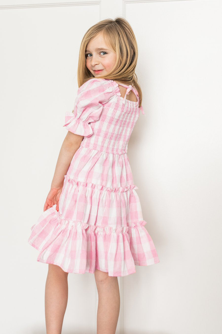 Pink Plaid Print Lantern Sleeve Mom-Daughter Matching Princess Dresses