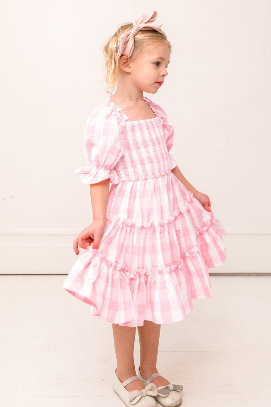 Pink Plaid Print Lantern Sleeve Mom-Daughter Matching Princess Dresses