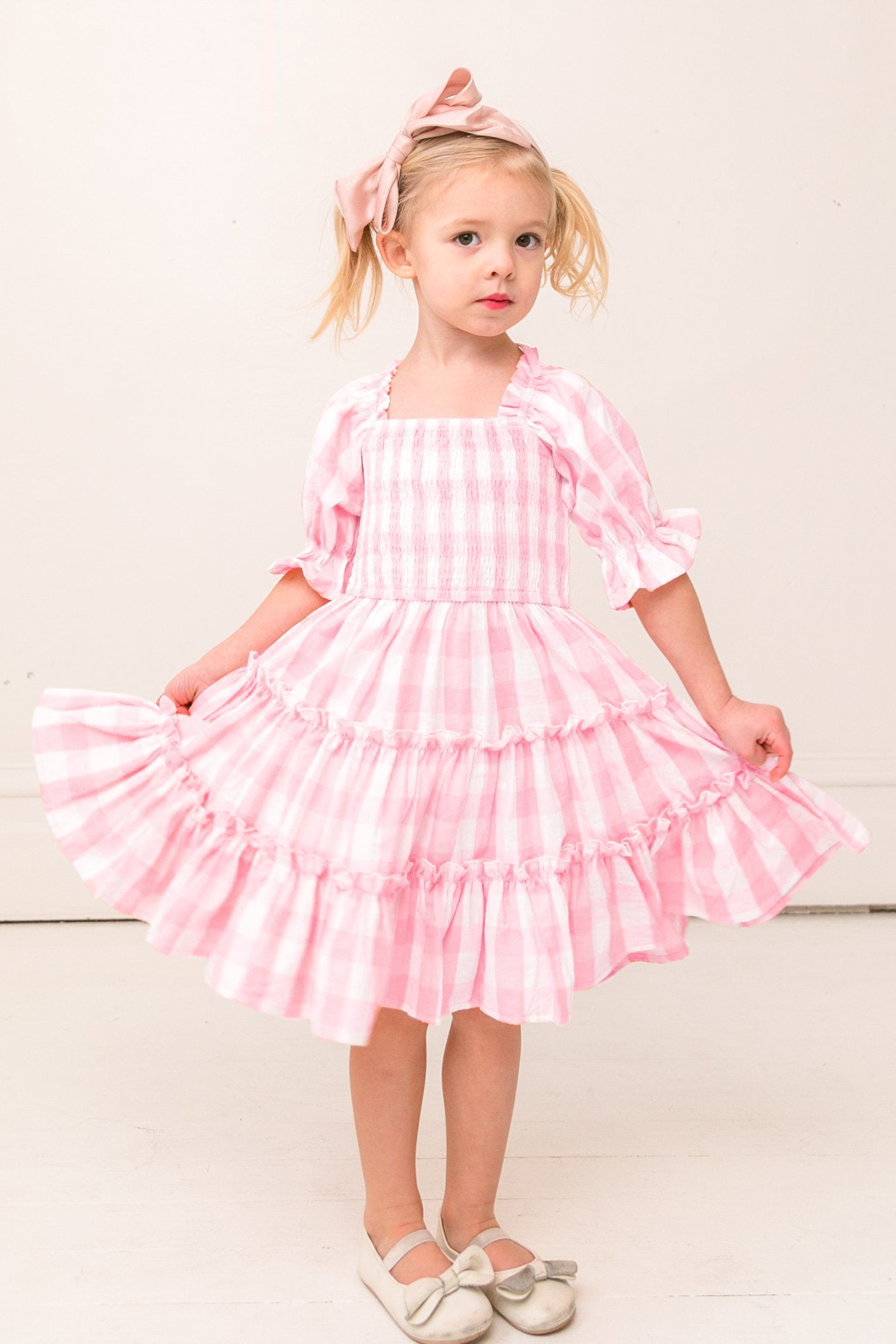 Pink Plaid Print Lantern Sleeve Mom-Daughter Matching Princess Dresses