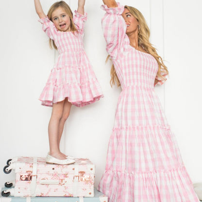 Pink Plaid Print Lantern Sleeve Mom-Daughter Matching Princess Dresses