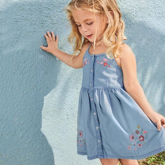 Girls Sleeveless Button Denim Dress