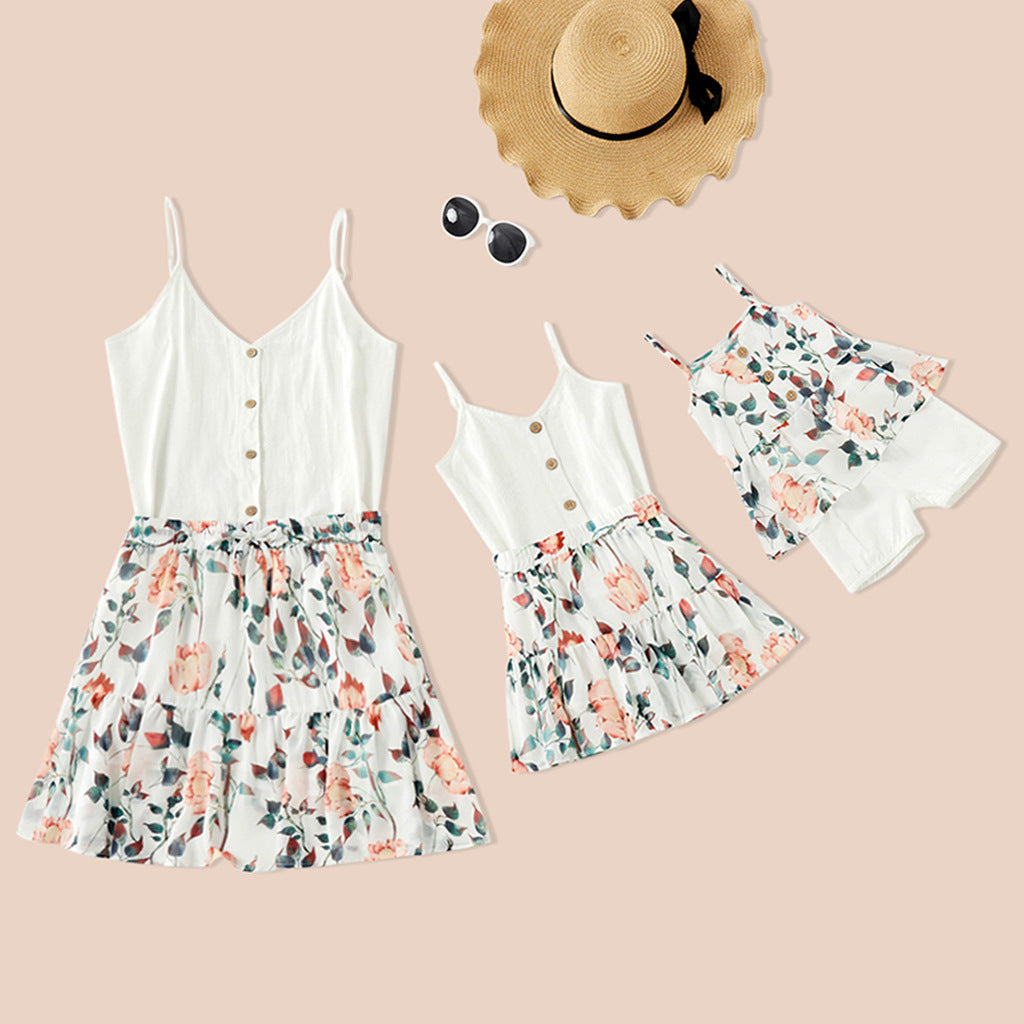 White Top with Floral Print Shorts for Mom and Daughter