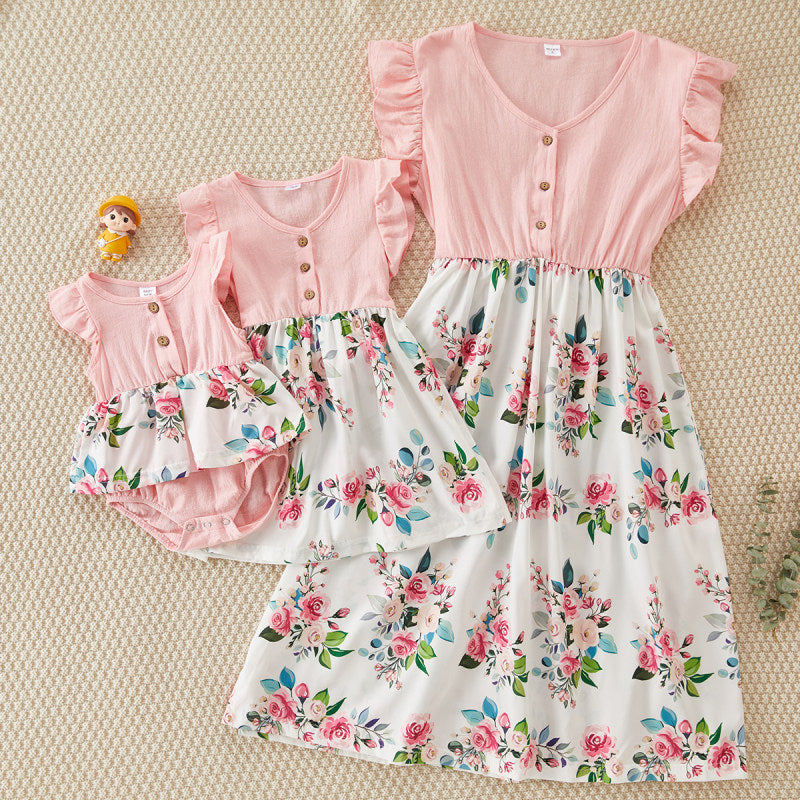 Splicing Floral Print Dresses for Mom and Daughter