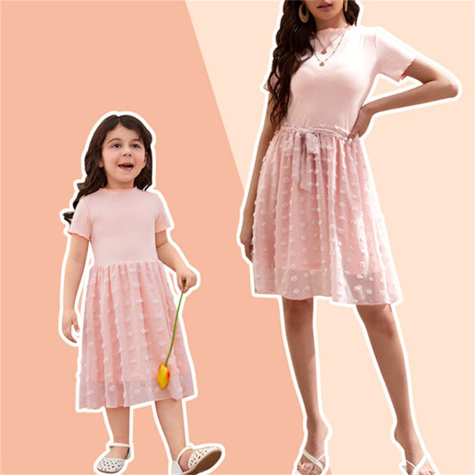 Pink Splicing Mesh Dresses for Mom and Daughter